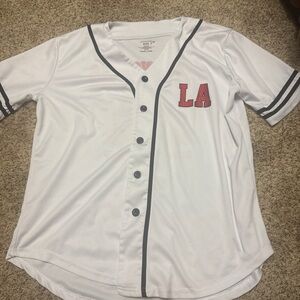 White Baseball Jersey with Red LA Logo and Teddy Bear design